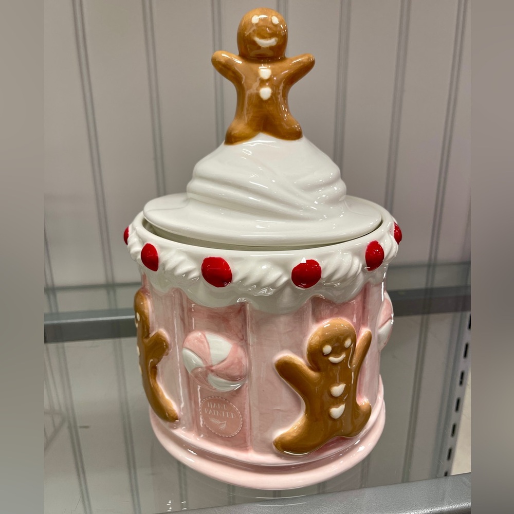 Christmas Pink Gingerbread Man & Cake Peppermint Ceramic Candy Jar NWT